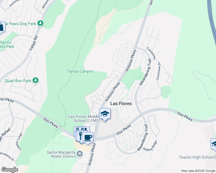 map of restaurants, bars, coffee shops, grocery stores, and more near 156 Seacountry Lane in Rancho Santa Margarita