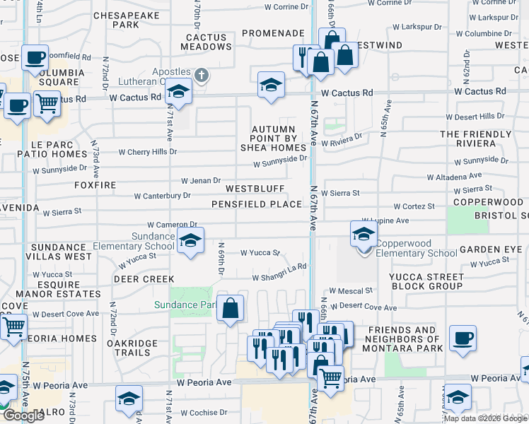 map of restaurants, bars, coffee shops, grocery stores, and more near 6821 West Cameron Drive in Peoria