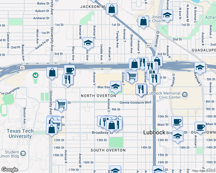 map of restaurants, bars, coffee shops, grocery stores, and more near 600-698 Avenue U in Lubbock