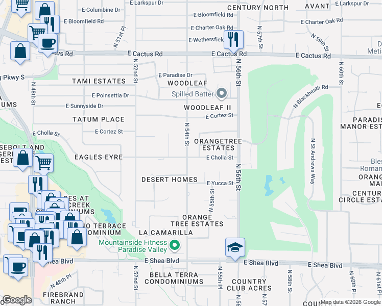 map of restaurants, bars, coffee shops, grocery stores, and more near 11239 North 54th Street in Scottsdale