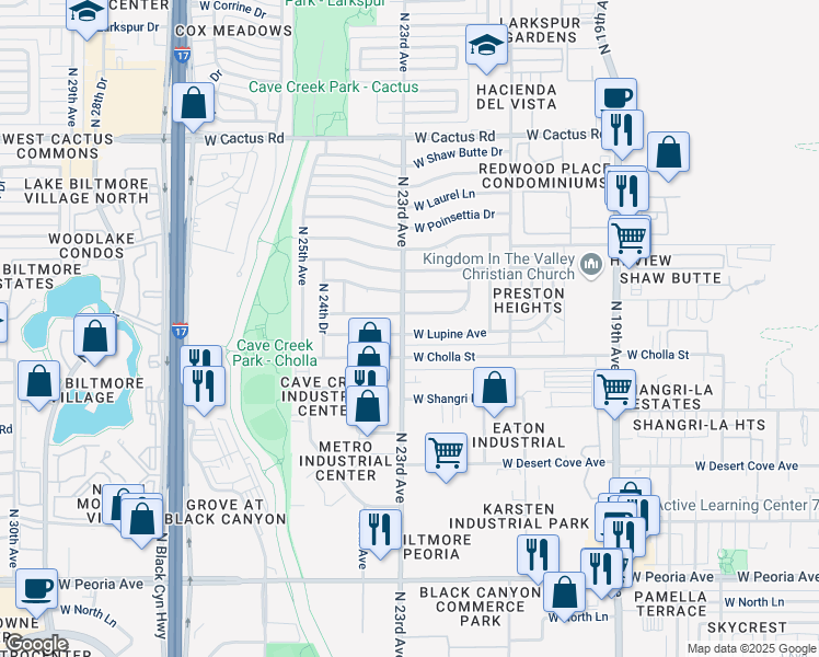 map of restaurants, bars, coffee shops, grocery stores, and more near 2308 West Cholla Street in Phoenix