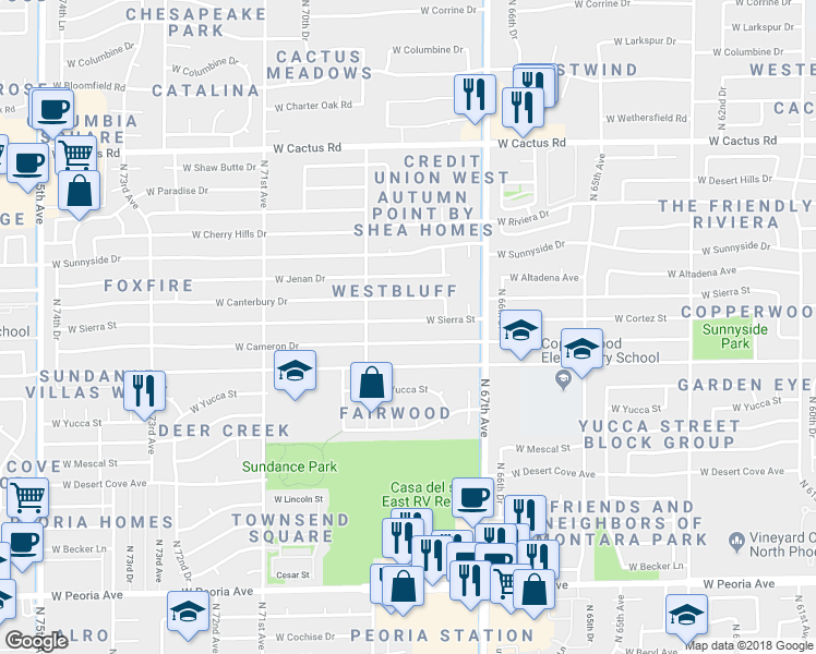 map of restaurants, bars, coffee shops, grocery stores, and more near 6821 West Cameron Drive in Peoria