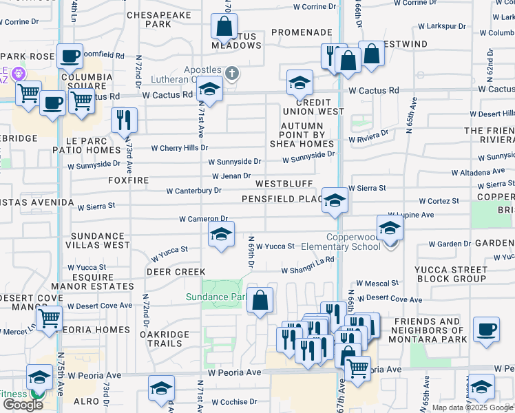 map of restaurants, bars, coffee shops, grocery stores, and more near 6903 West Cameron Drive in Peoria
