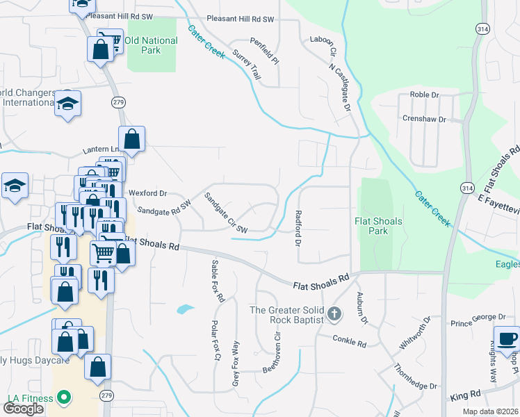 map of restaurants, bars, coffee shops, grocery stores, and more near 150 Knighton Drive in Atlanta