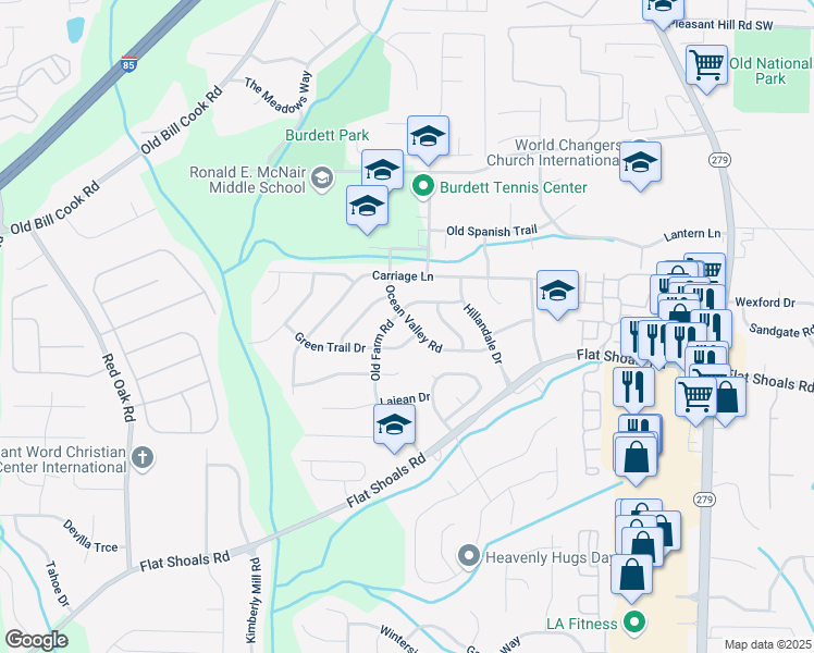 map of restaurants, bars, coffee shops, grocery stores, and more near 2802 Ocean Valley Road in Atlanta