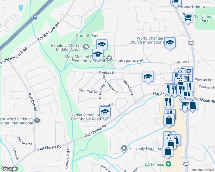 map of restaurants, bars, coffee shops, grocery stores, and more near 2811 Green Trail Drive in Atlanta