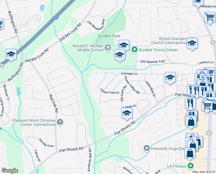 map of restaurants, bars, coffee shops, grocery stores, and more near 2878 Green Trail Drive in Atlanta