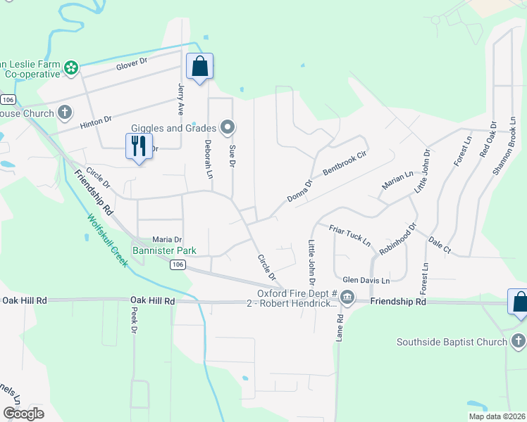 map of restaurants, bars, coffee shops, grocery stores, and more near 1801 Donna Drive in Oxford