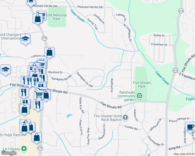 map of restaurants, bars, coffee shops, grocery stores, and more near 150 Knighton Drive in Atlanta