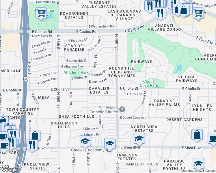 map of restaurants, bars, coffee shops, grocery stores, and more near 3915 East Cholla Street in Phoenix