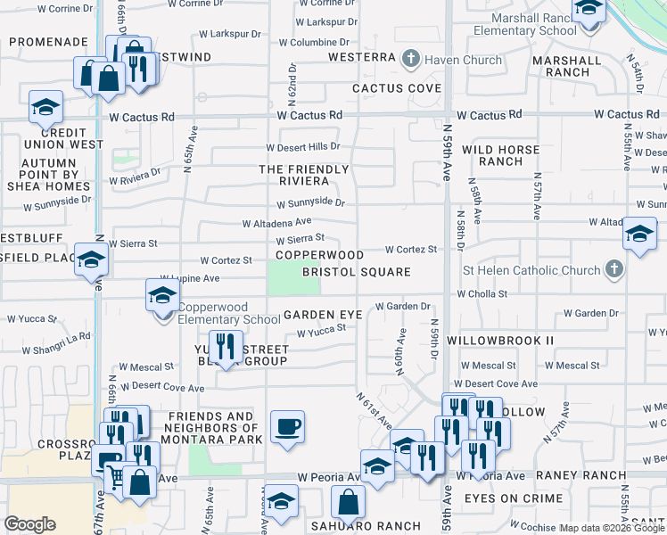 map of restaurants, bars, coffee shops, grocery stores, and more near 6113 West Lupine Avenue in Glendale