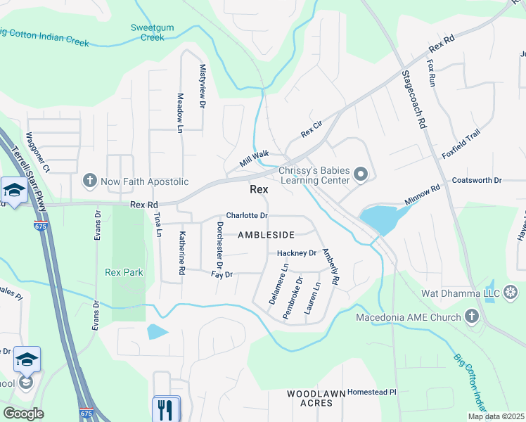 map of restaurants, bars, coffee shops, grocery stores, and more near 3732 Charlotte Drive in Rex