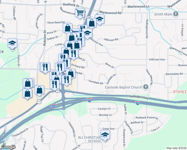 map of restaurants, bars, coffee shops, grocery stores, and more near 9236 Summit Drive in Birmingham