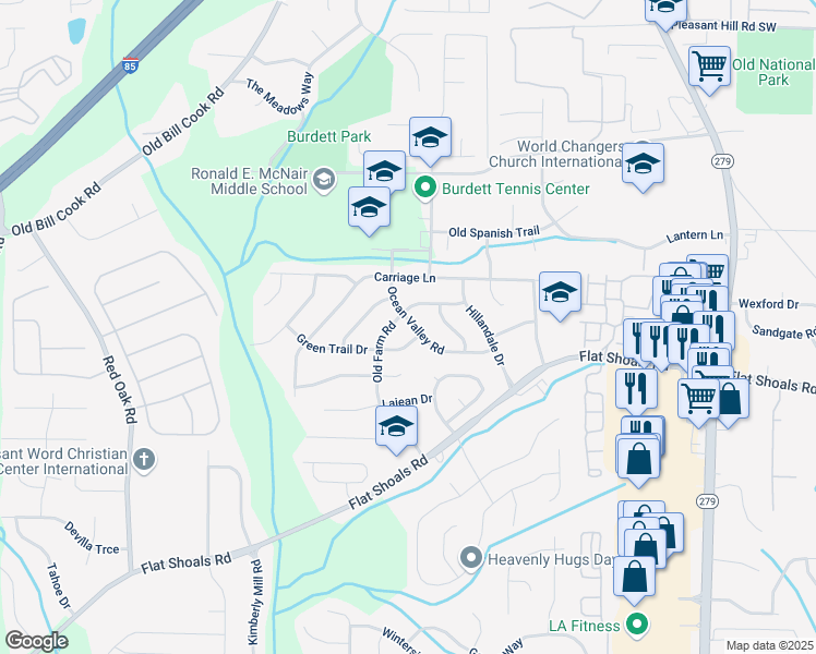 map of restaurants, bars, coffee shops, grocery stores, and more near 2802 Ocean Valley Road in Atlanta
