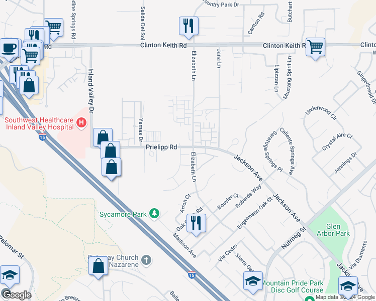 map of restaurants, bars, coffee shops, grocery stores, and more near 24732 Mahogany Wood Court in Wildomar