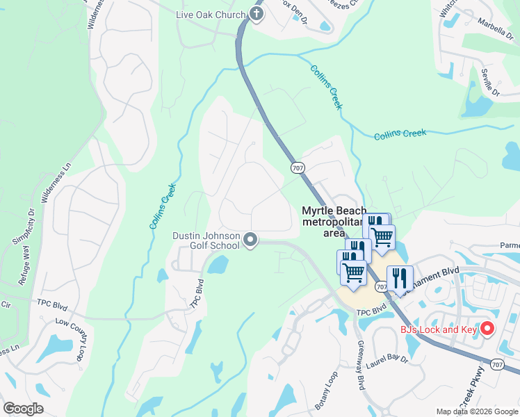 map of restaurants, bars, coffee shops, grocery stores, and more near 177 Oak Hampton Drive in Murrells Inlet