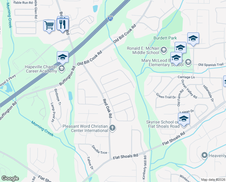 map of restaurants, bars, coffee shops, grocery stores, and more near 3200 Broadleaf Avenue in Atlanta