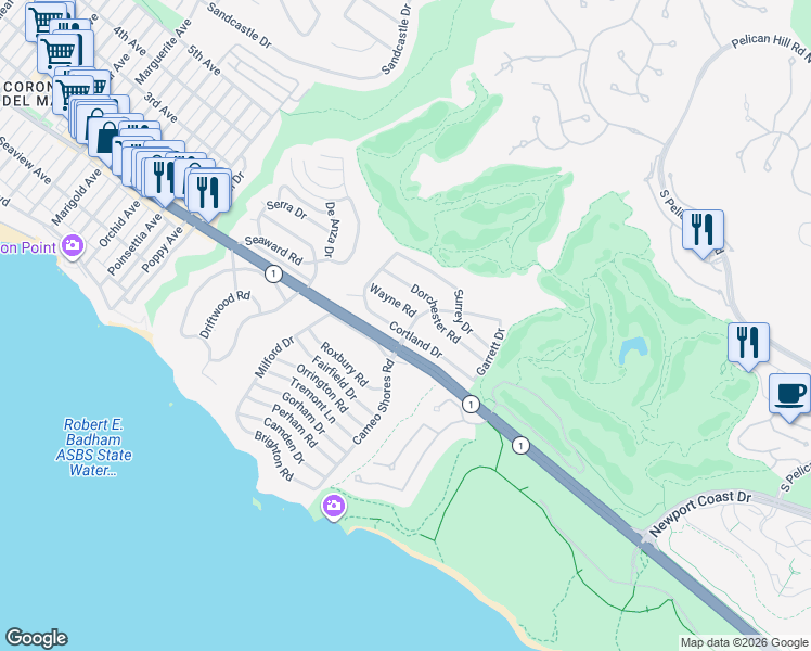 map of restaurants, bars, coffee shops, grocery stores, and more near 515 Cameo Highlands Drive in Newport Beach
