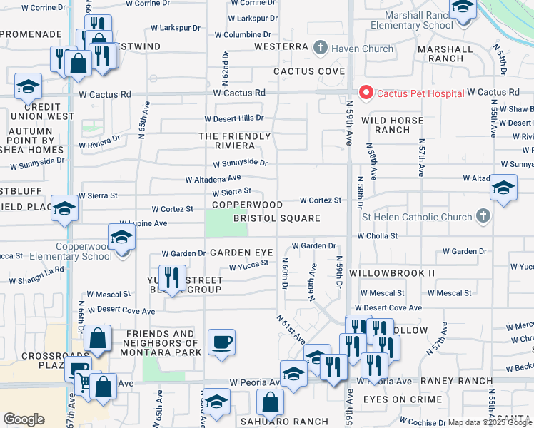 map of restaurants, bars, coffee shops, grocery stores, and more near 11615 North 61st Drive in Glendale