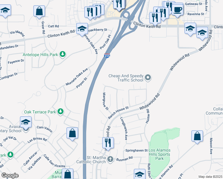 map of restaurants, bars, coffee shops, grocery stores, and more near 27346 Snowfield Street in Murrieta