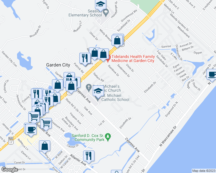 map of restaurants, bars, coffee shops, grocery stores, and more near 849 Mast Court in Murrells Inlet