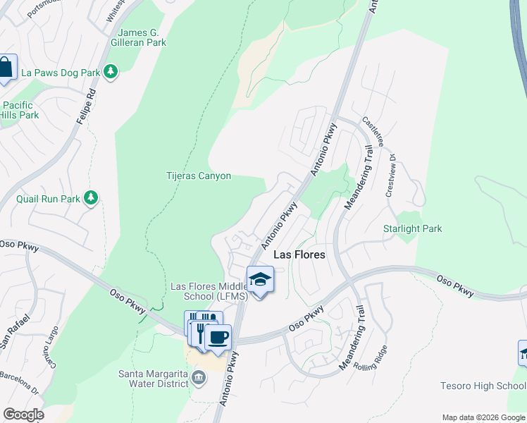 map of restaurants, bars, coffee shops, grocery stores, and more near 157 Seacountry Lane in Rancho Santa Margarita