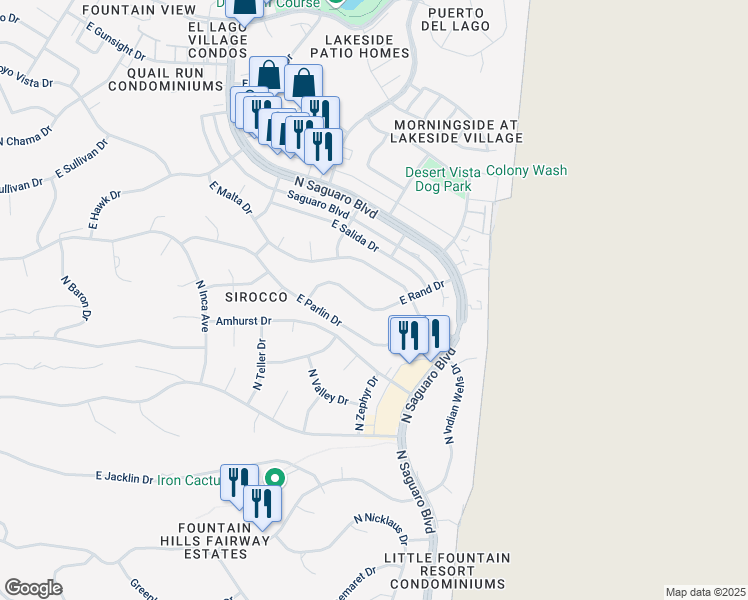map of restaurants, bars, coffee shops, grocery stores, and more near 17131 East Malta Drive in Fountain Hills
