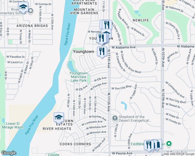 map of restaurants, bars, coffee shops, grocery stores, and more near 11208 West Elk Avenue in Youngtown