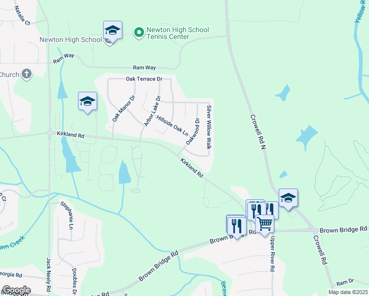 map of restaurants, bars, coffee shops, grocery stores, and more near 36 Oakwood Drive in Covington