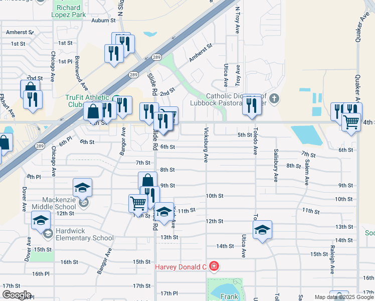 map of restaurants, bars, coffee shops, grocery stores, and more near 4909 5th Street in Lubbock