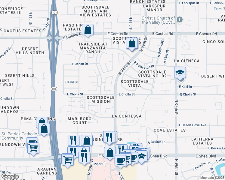 map of restaurants, bars, coffee shops, grocery stores, and more near 11515 North 91st Street in Scottsdale