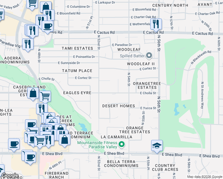 map of restaurants, bars, coffee shops, grocery stores, and more near 5239 East Oakhurst Way in Scottsdale