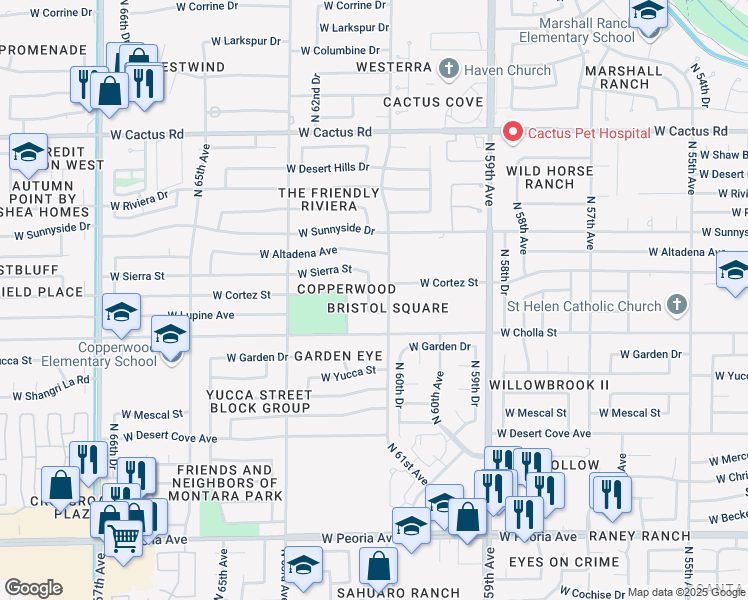 map of restaurants, bars, coffee shops, grocery stores, and more near 11615 North 61st Drive in Glendale