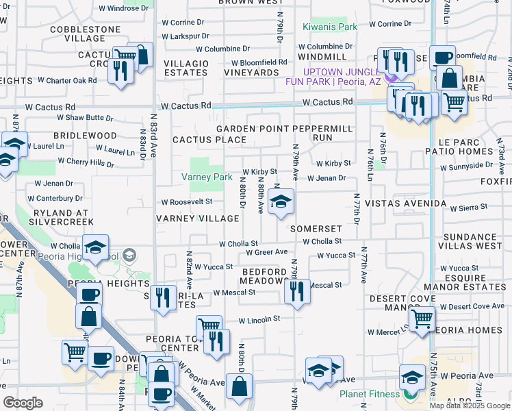 map of restaurants, bars, coffee shops, grocery stores, and more near 11660 North 80th Avenue in Peoria