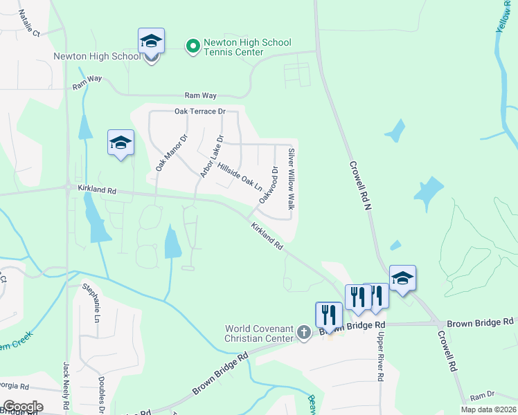 map of restaurants, bars, coffee shops, grocery stores, and more near 15 Silver Willow Walk in Covington