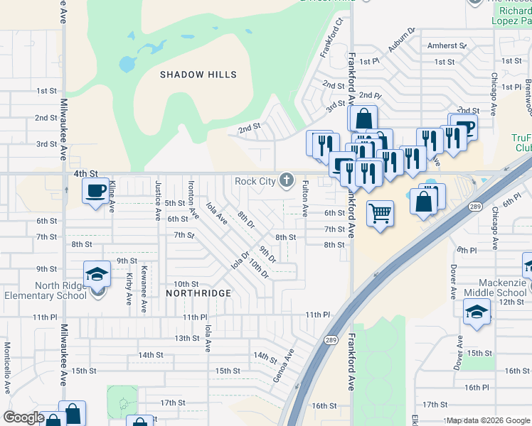 map of restaurants, bars, coffee shops, grocery stores, and more near 604 Iola Drive in Lubbock