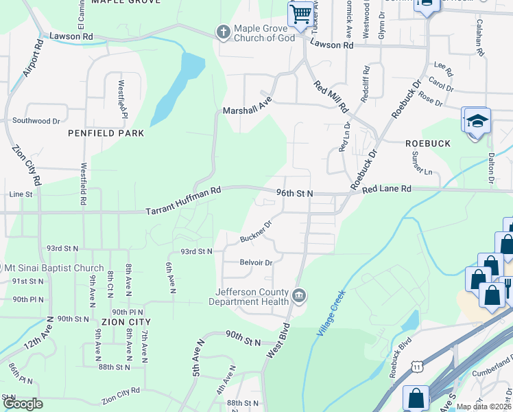 map of restaurants, bars, coffee shops, grocery stores, and more near 301 Tarrant Huffman Road in Birmingham