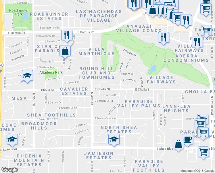 map of restaurants, bars, coffee shops, grocery stores, and more near 11405 North 40th Place in Phoenix