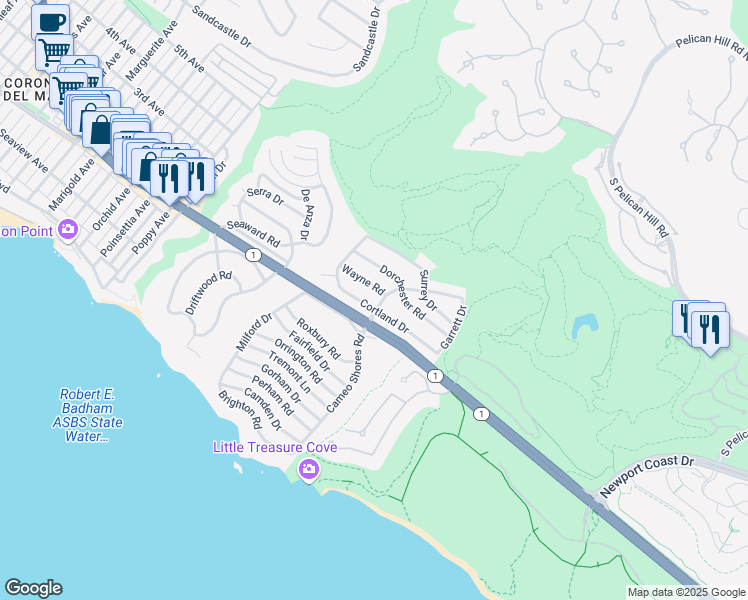 map of restaurants, bars, coffee shops, grocery stores, and more near 515 Cameo Highlands Drive in Newport Beach