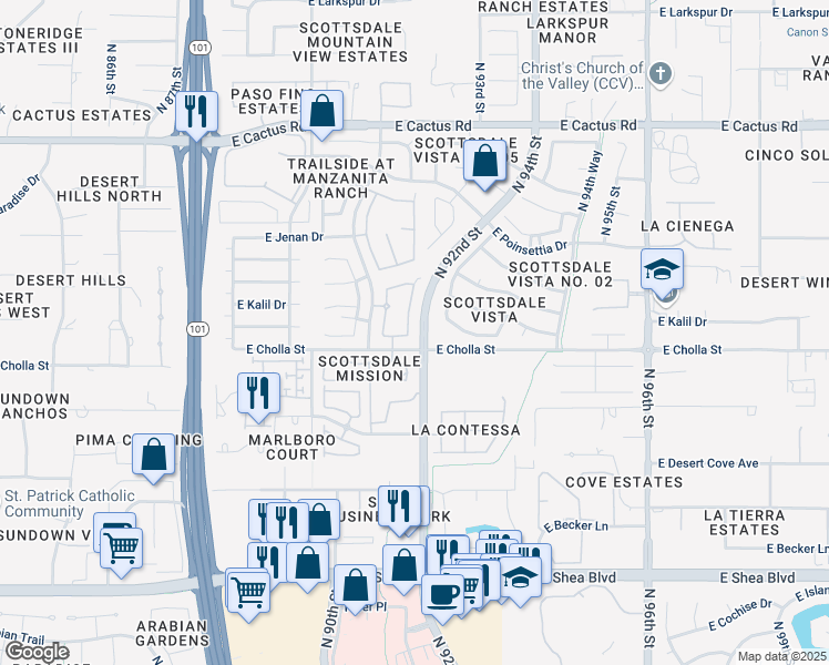 map of restaurants, bars, coffee shops, grocery stores, and more near 11515 North 91st Street in Scottsdale