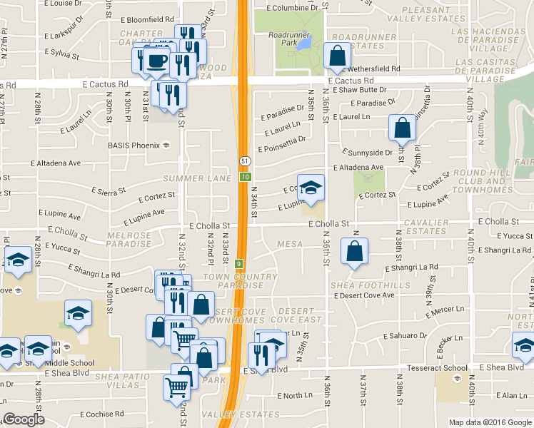 map of restaurants, bars, coffee shops, grocery stores, and more near 3409 E Lupine Ave in Phoenix
