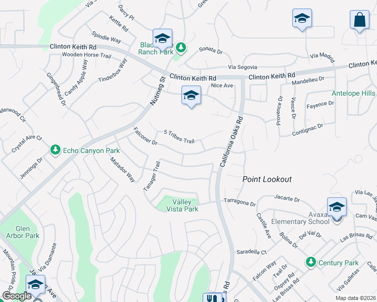 map of restaurants, bars, coffee shops, grocery stores, and more near 24044 Falconer Drive in Murrieta