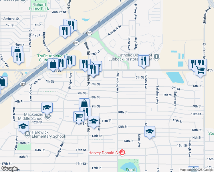 map of restaurants, bars, coffee shops, grocery stores, and more near 4909 5th Street in Lubbock
