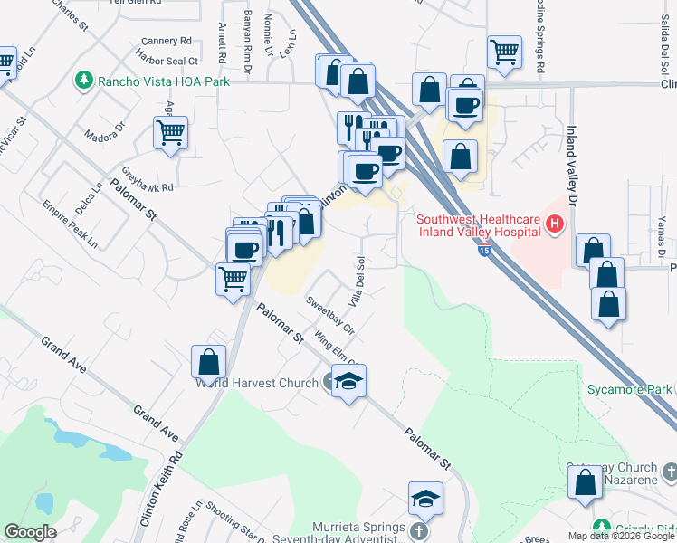 map of restaurants, bars, coffee shops, grocery stores, and more near 22890 Timber Lane in Wildomar