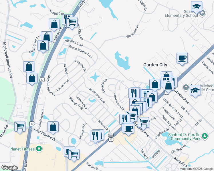 map of restaurants, bars, coffee shops, grocery stores, and more near 435 Old South Circle in Murrells Inlet