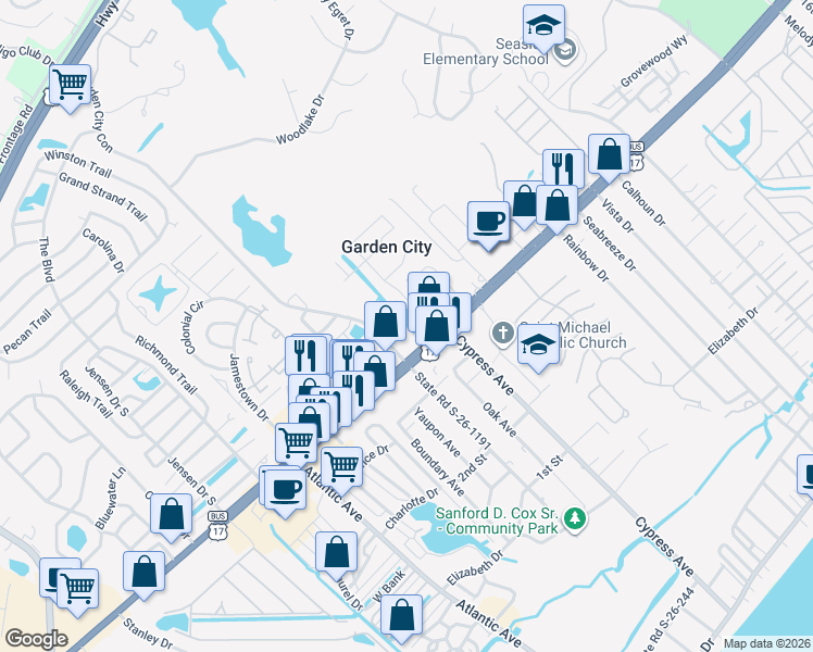 map of restaurants, bars, coffee shops, grocery stores, and more near 707 Garden Lake Drive in Murrells Inlet