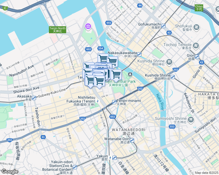 map of restaurants, bars, coffee shops, grocery stores, and more near in Fukuoka