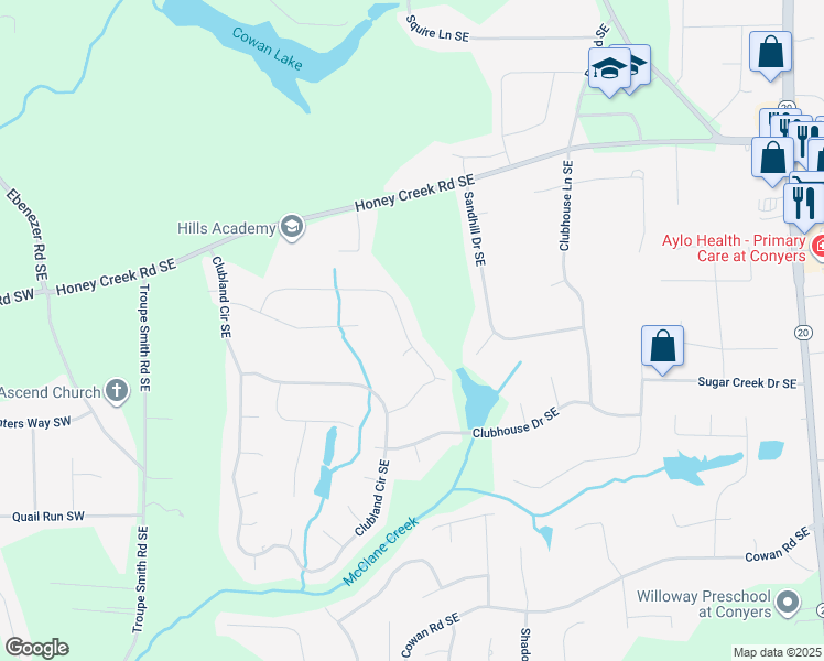 map of restaurants, bars, coffee shops, grocery stores, and more near 3540 Honeycomb Drive Southeast in Conyers