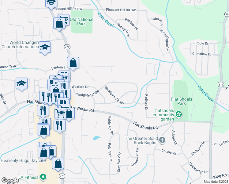 map of restaurants, bars, coffee shops, grocery stores, and more near 2220 Sandgate Circle Southwest in College Park