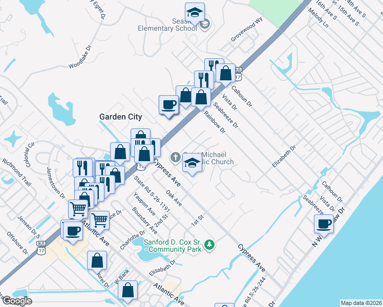map of restaurants, bars, coffee shops, grocery stores, and more near Marlin Court in Murrells Inlet